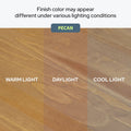 Pecan wood finish sample showing color variation and wood grain under warm light, daylight, and cool light — comparison of pecan hardwood flooring stain and finish appearance under different lighting conditions