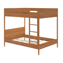 Mid-century modern wooden bunk bed frame with integrated ladder and slatted mattress platforms in natural walnut finish
