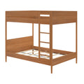 Mid-century modern wooden bunk bed frame with integrated ladder and slatted mattress platforms in natural walnut finish