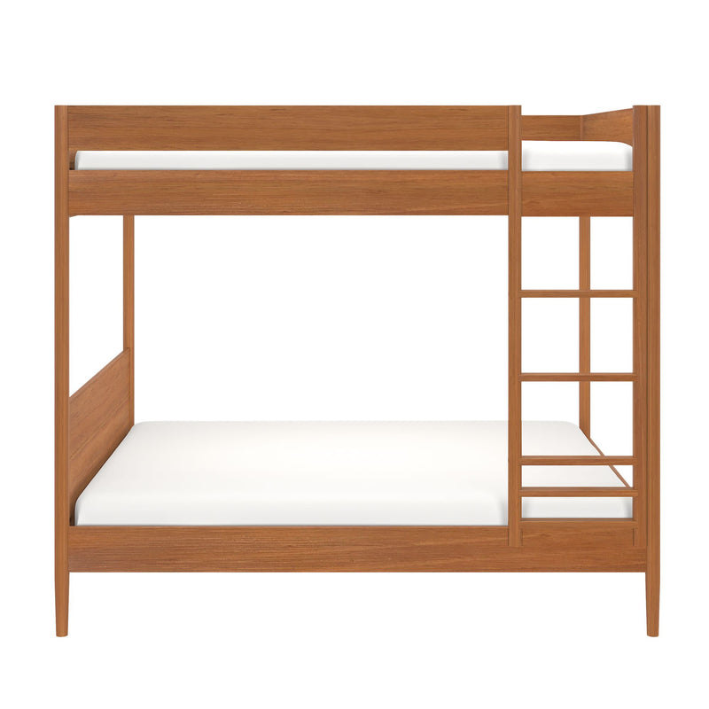 Minimalist natural wood bunk bed with integrated ladder and white mattresses, modern space-saving bedroom furniture for kids or guest rooms