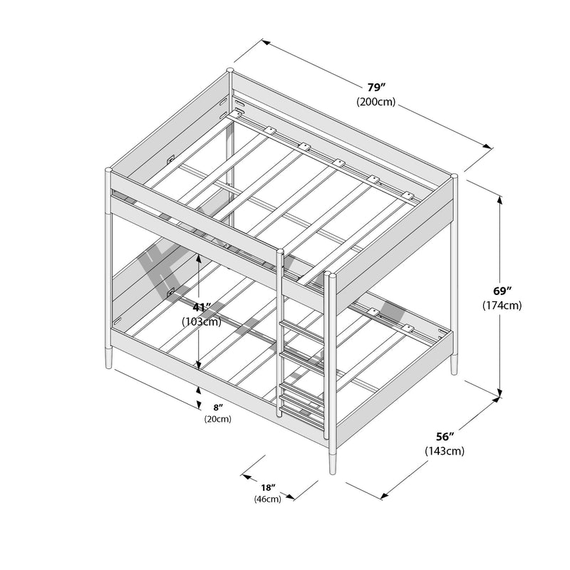 Isometric diagram of a two-level bunk bed frame with ladder and guardrails showing dimensions 79" (200 cm) x 56" (143 cm) x 69" (174 cm), 41" (103 cm) bunk clearance, 8" (20 cm) base clearance and 18" (46 cm) ladder depth.