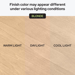 Blonde wood finish color comparison showing warm light, daylight and cool light variations on wood grain sample, illustrating how flooring and furniture finish color may appear different under various lighting conditions