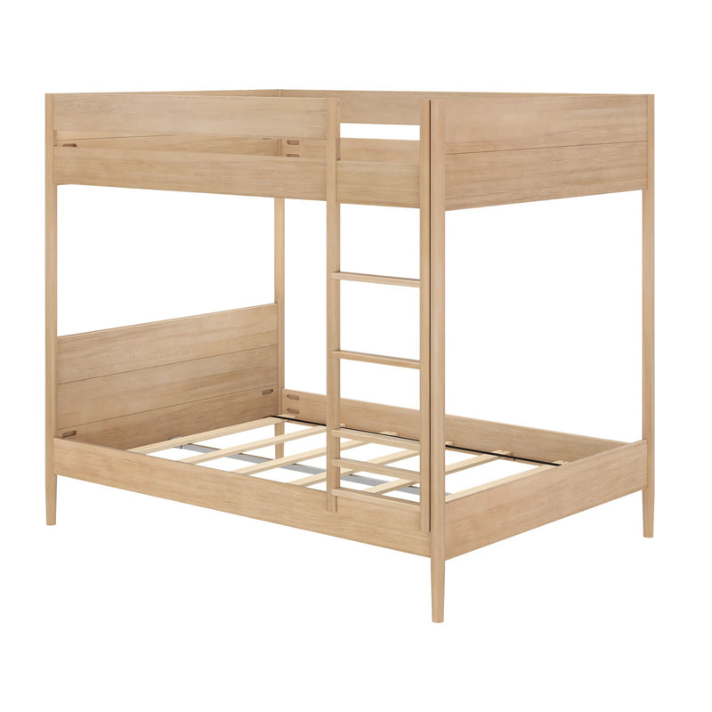 Light natural wood two-tier bunk bed with central ladder and slatted bases, minimalist space-saving design ideal for kids' bedrooms