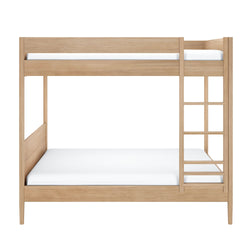 Natural oak two-tier wooden bunk bed with built-in ladder, minimalist modern design and white mattresses, space-saving bedroom furniture