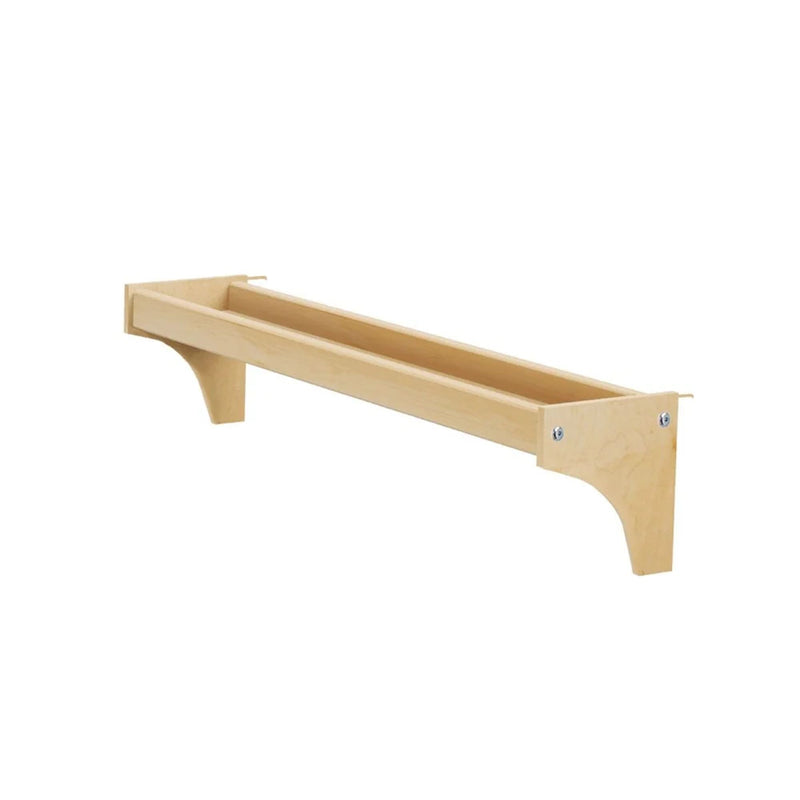 Natural wood wall-mounted double-compartment organizer shelf with triangular support brackets and exposed screws, ideal for spices, mail, or kitchen storage