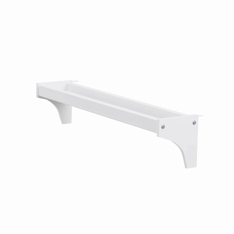 White wall-mounted shelf bracket with dual channels and curved support, close-up showing screw mounting and modern minimal design