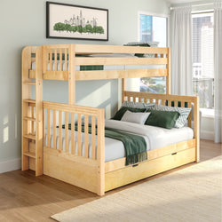 Solid wood bunk bed with built-in storage drawers and ladder, styled with green bedding in a bright modern kids' bedroom with framed wall art and city skyline view