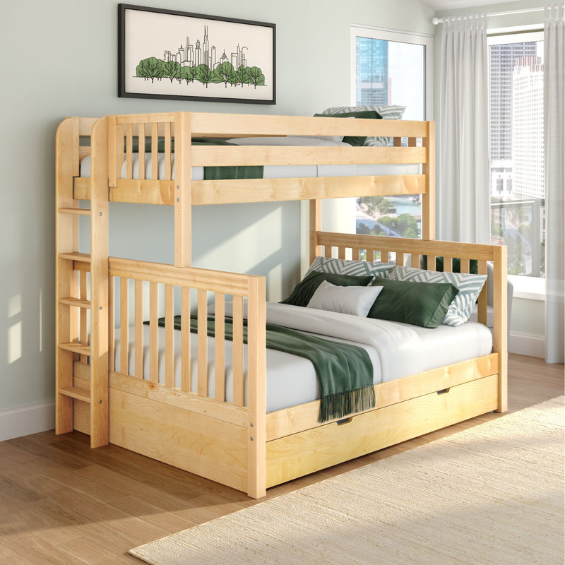 Solid wood bunk bed with built-in storage drawers and ladder, styled with green bedding in a bright modern kids' bedroom with framed wall art and city skyline view