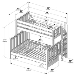 Bunk bed dimensions diagram: detailed technical drawing of a two-tier wooden bunk bed with ladder, guardrails and slatted mattress supports showing measurements in inches (cm) for assembly and room planning.