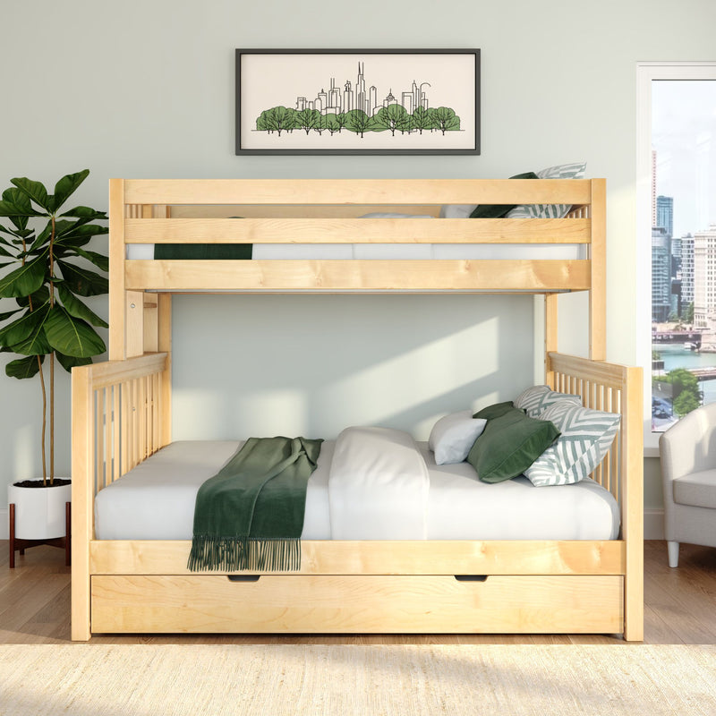 Natural wood bunk bed with green bedding and under-bed storage in a modern kids' bedroom with cityscape wall art and potted plant