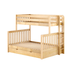 Twin-over-full solid maple bunk bed with slatted headboards, built-in ladder and under-bed storage drawers in natural finish