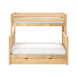 Twin-over-twin maple bunk bed with top guardrail, white mattresses and under-bed storage drawer — space-saving kids loft bed