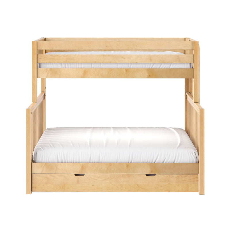 Twin-over-twin maple bunk bed with top guardrail, white mattresses and under-bed storage drawer — space-saving kids loft bed