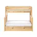 Twin-over-twin maple bunk bed with top guardrail, white mattresses and under-bed storage drawer — space-saving kids loft bed