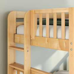 Close-up of solid maple wood bunk bed with slatted guardrail, integrated ladder, natural finish and visible hardware, modern children's bedroom-friendly design