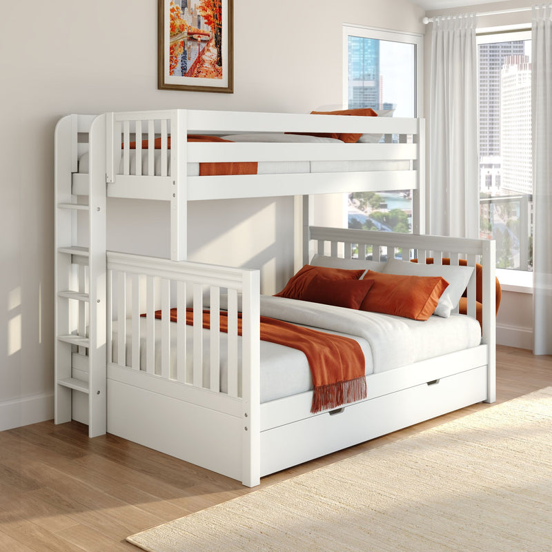 White wooden bunk bed with ladder and trundle drawer, rust-orange bedding, hardwood floors, bright modern kids' bedroom with city view
