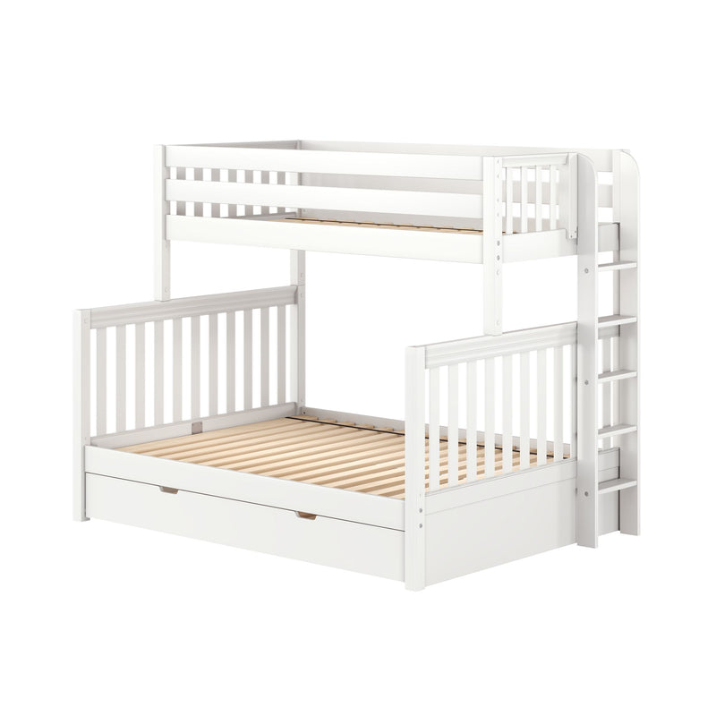 White wooden twin-over-full bunk bed loft with ladder, top safety rails, slatted mattress support and under-bed storage drawer for kids' bedroom