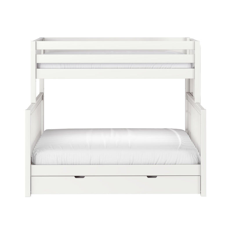 White wooden twin loft bed with safety rails and under-bed storage drawer, modern kids bunk bed