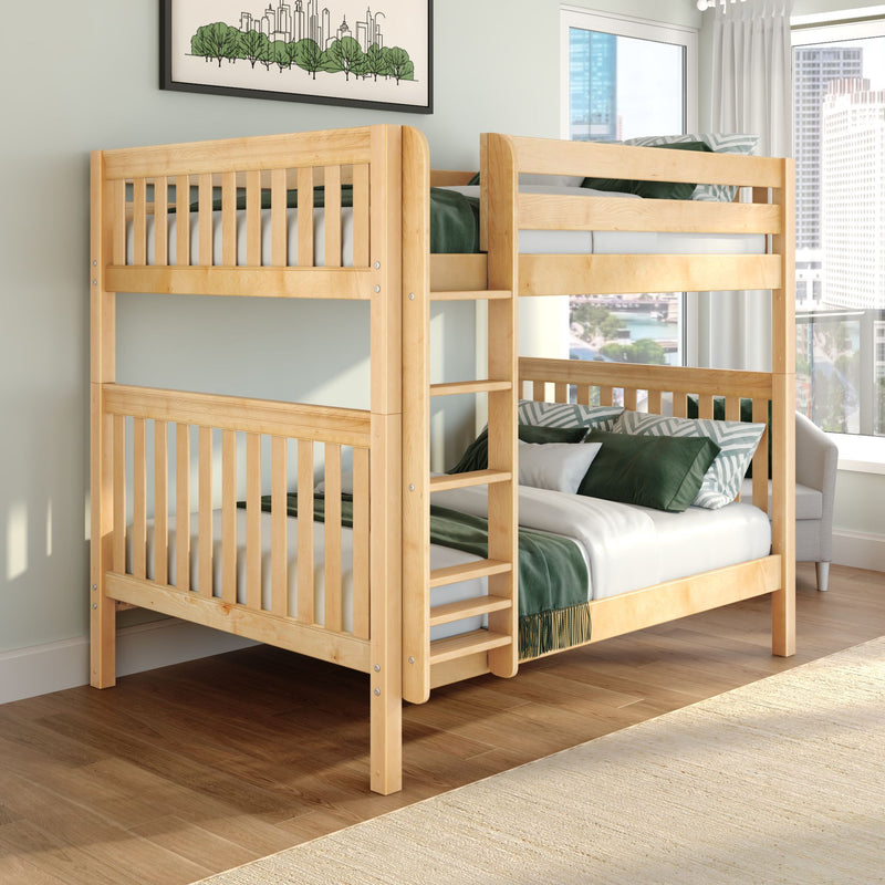 Natural maple twin-over-twin bunk bed with ladder and slatted guardrails, green bedding in modern kids' bedroom by city-view window