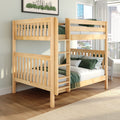 Natural maple twin-over-twin bunk bed with ladder and slatted guardrails, green bedding in modern kids' bedroom by city-view window