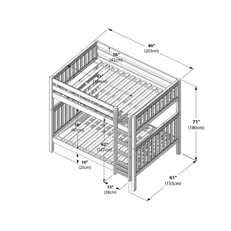 Bunk bed dimensions diagram: detailed technical line drawing of a wooden bunk bed with ladder, safety guardrails and slatted mattress supports, labeled measurements in inches and centimeters (80", 71", 61", 62", 38", 16", 10", 15") for assembly and space planning