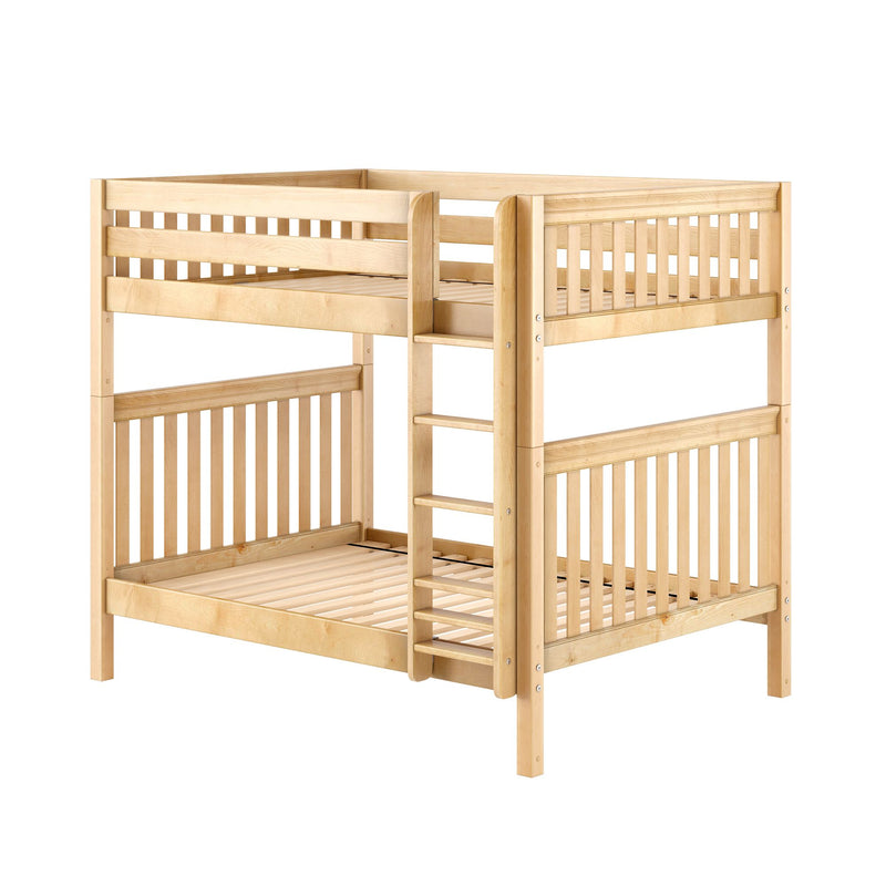 Solid natural wood bunk bed frame with ladder and slatted guardrails in light maple finish — sturdy loft-style children's bedroom furniture