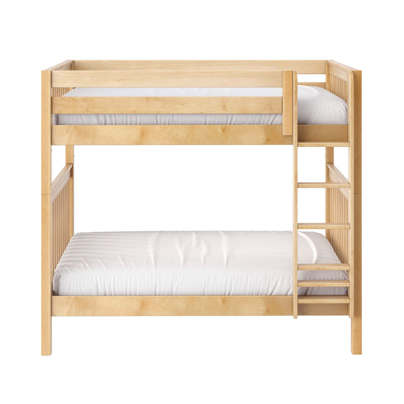 Solid maple twin-over-full bunk bed with ladder and safety rails, natural wood finish and white mattresses, modern minimalist design