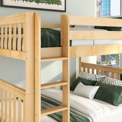 Solid maple wood twin-over-full bunk bed with built-in ladder, green linens and patterned pillows in a modern kids' bedroom with city-view window