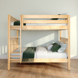 Natural wood bunk bed with green bedding in a bright minimalist children's bedroom