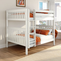 White wooden bunk bed with ladder and orange bedding in a modern bedroom with city view and hardwood floors