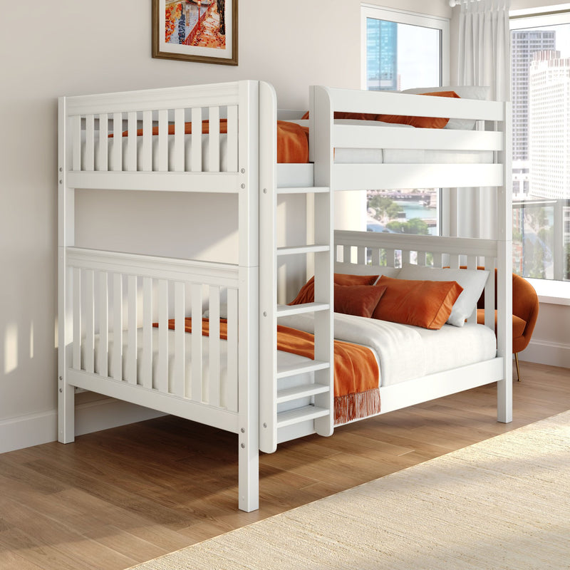 White wooden bunk bed with ladder and orange bedding in a modern bedroom with city view and hardwood floors