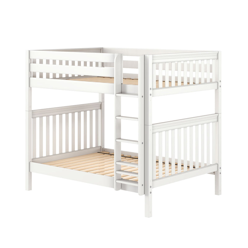 White wooden bunk bed with side ladder, slatted guardrails and natural wood slat mattress supports, modern loft-style design