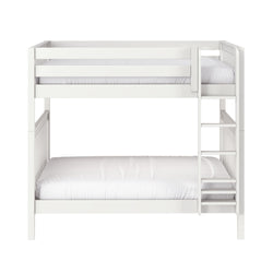 White wooden bunk bed with ladder and safety rails, modern minimalist kids loft bed with white mattress and bedding