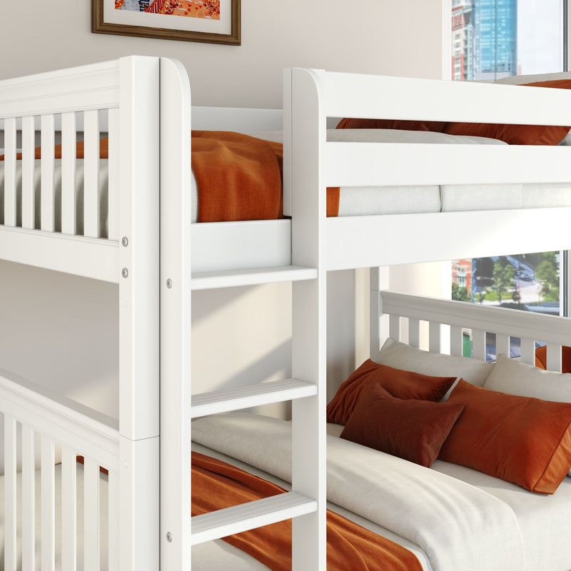 White wooden twin-over-twin bunk bed with built-in ladder and rust-orange bedding in a modern kids' bedroom, loft-style children's bed