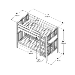 Line-drawing assembly diagram of a wooden twin-over-full bunk bed showing slatted frames, guardrails and ladder with labeled dimensions and measurements in inches and centimeters.