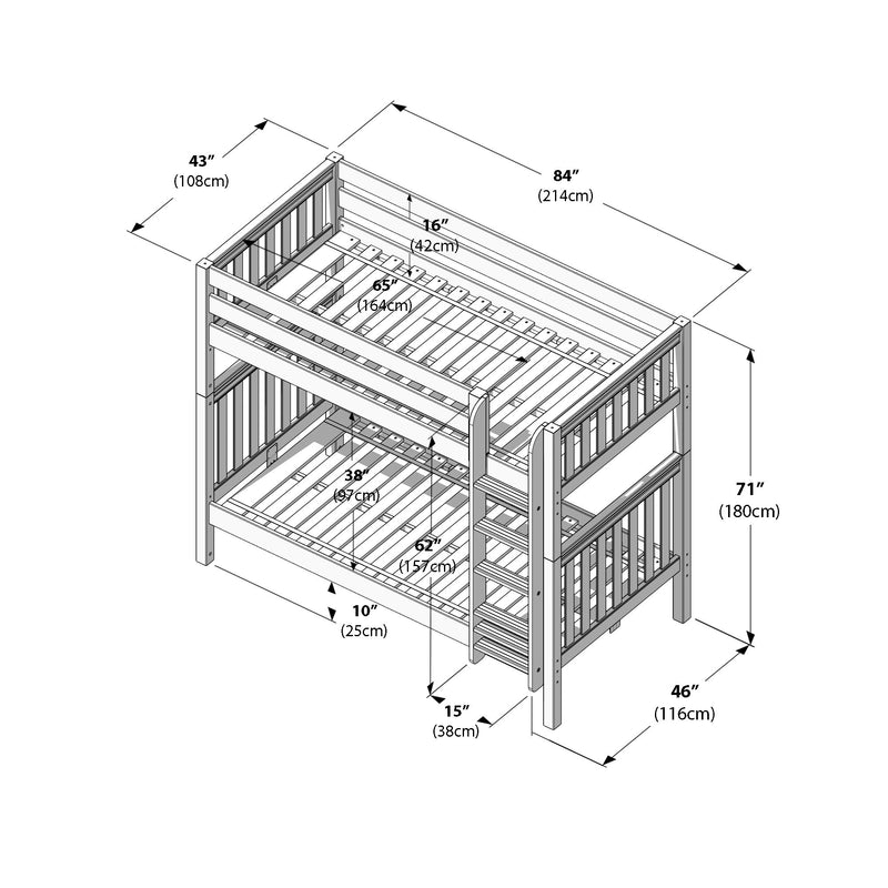 Line-drawing assembly diagram of a wooden twin-over-full bunk bed showing slatted frames, guardrails and ladder with labeled dimensions and measurements in inches and centimeters.