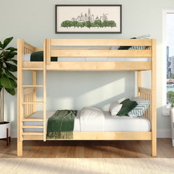 Natural wood bunk bed in a modern kids' bedroom with green bedding and pillows, potted plant, hardwood floors and framed city skyline wall art