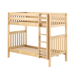 Natural maple twin-over-full bunk bed with ladder and safety rails, slatted headboards and footboards, modern space-saving wooden kids' bedroom furniture