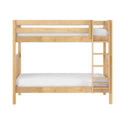 Natural maple twin-over-twin solid wood bunk bed with ladder and white mattresses, space-saving kids bedroom furniture