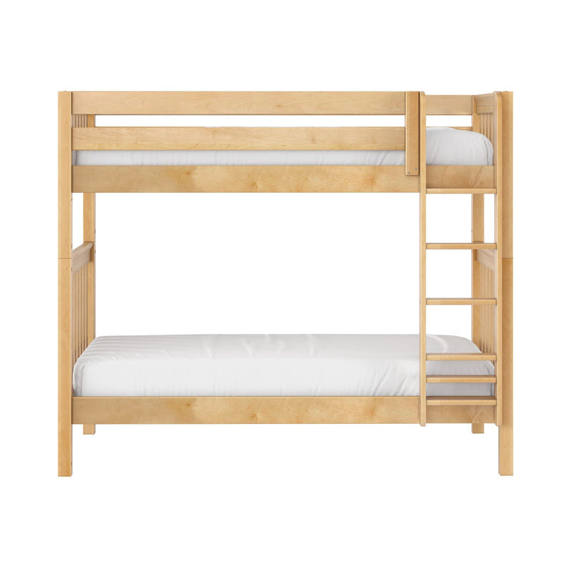 Natural maple twin-over-twin solid wood bunk bed with ladder and white mattresses, space-saving kids bedroom furniture