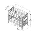 Technical assembly diagram of a wooden twin-over-full bunk bed with ladder and guardrails, slatted mattress supports and detailed dimensions in inches and centimeters