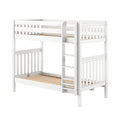 White wooden twin-over-full bunk bed frame with ladder, safety rails and slatted mattress support, modern children's bedroom furniture