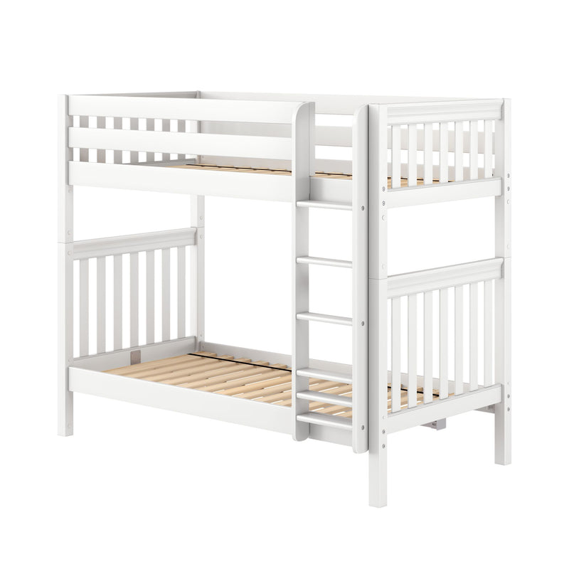 White wooden twin-over-full bunk bed frame with ladder, safety rails and slatted mattress support, modern children's bedroom furniture