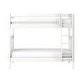 White wooden twin-over-twin bunk bed with ladder and safety guardrail, white mattress, modern minimalist space-saving kids' loft bed for small bedrooms