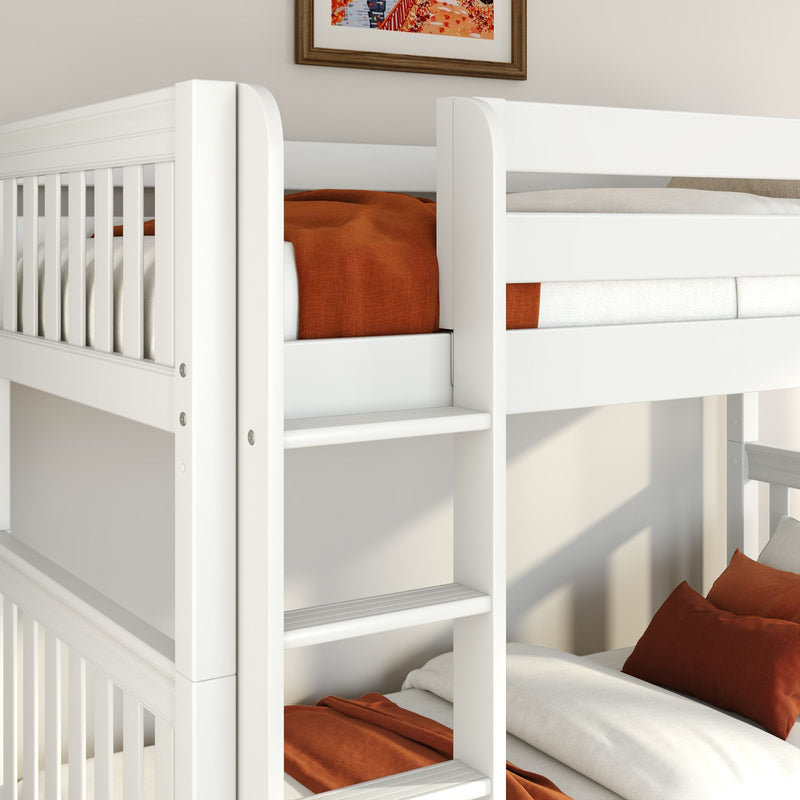 White wooden bunk bed with built-in ladder and rust-orange bedding in a modern kids' bedroom, space-saving design