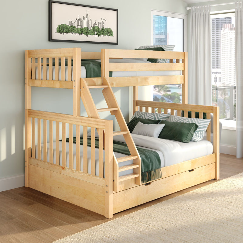 Light wood bunk bed with ladder, green and white bedding and under-bed storage drawer in a bright modern bedroom with floor-to-ceiling window, city skyline view and framed artwork