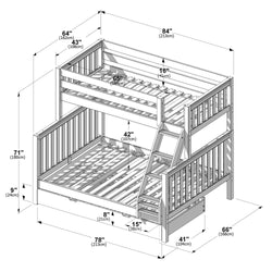 Technical drawing of a wooden triple bunk bed with ladder, guardrails and slatted mattress supports, annotated dimensions in inches and centimeters (84 in, 78 in, 71 in, 66 in)