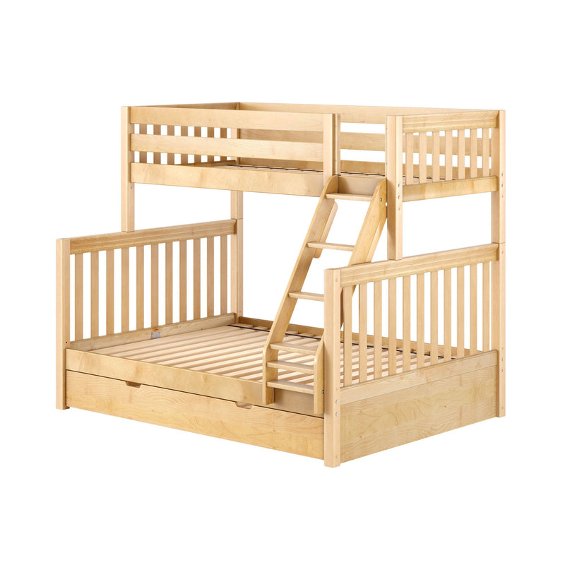 Children's natural maple solid wood loft bunk bed (twin-over-full) with ladder, slatted guardrails and under-bed storage drawer