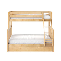 Natural wood loft-style bunk bed with built-in ladder, guardrails and under-bed storage drawer, white mattress