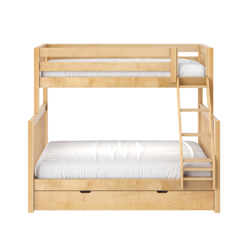 Natural wood loft-style bunk bed with built-in ladder, guardrails and under-bed storage drawer, white mattress